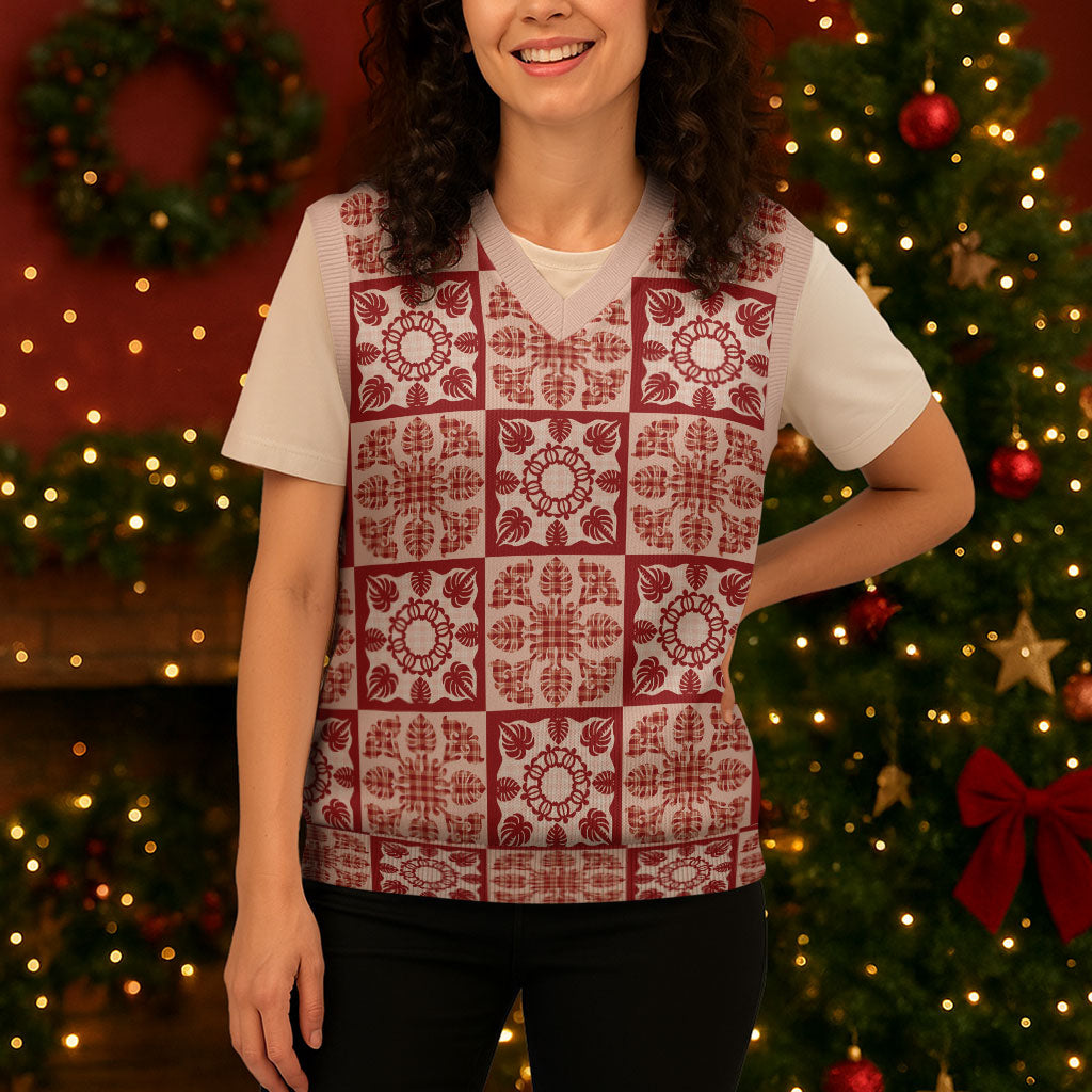 Ulaula Palaka Quilt Hawaii Christmas Knitted V-Neck Vest Hawaiian Tropical Monstera Sea Turtle LT14 - Polynesian Pride