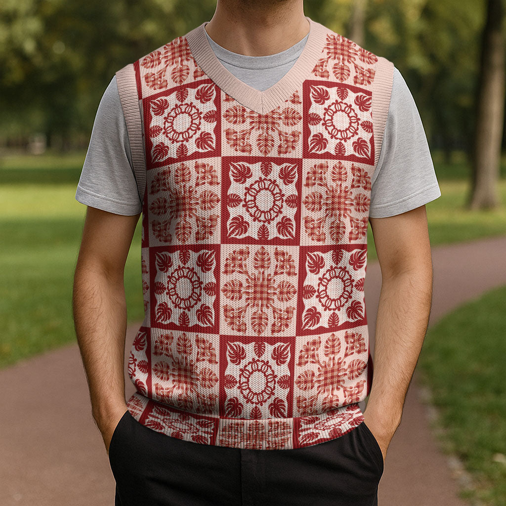 Ulaula Palaka Quilt Hawaii Christmas Knitted V-Neck Vest Hawaiian Tropical Monstera Sea Turtle LT14 - Polynesian Pride