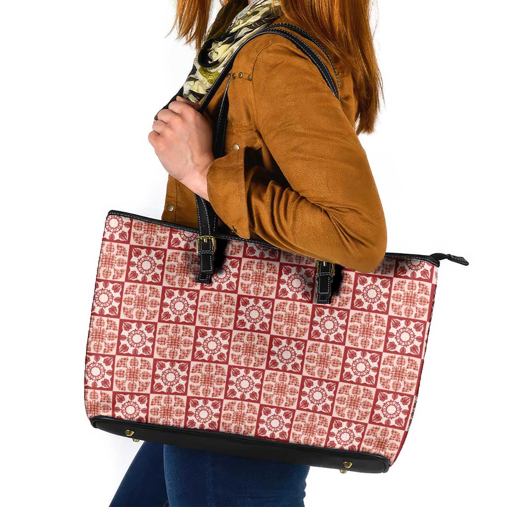 Ulaula Palaka Quilt Hawaii Leather Tote Bag Hawaiian Tropical Monstera Sea Turtle