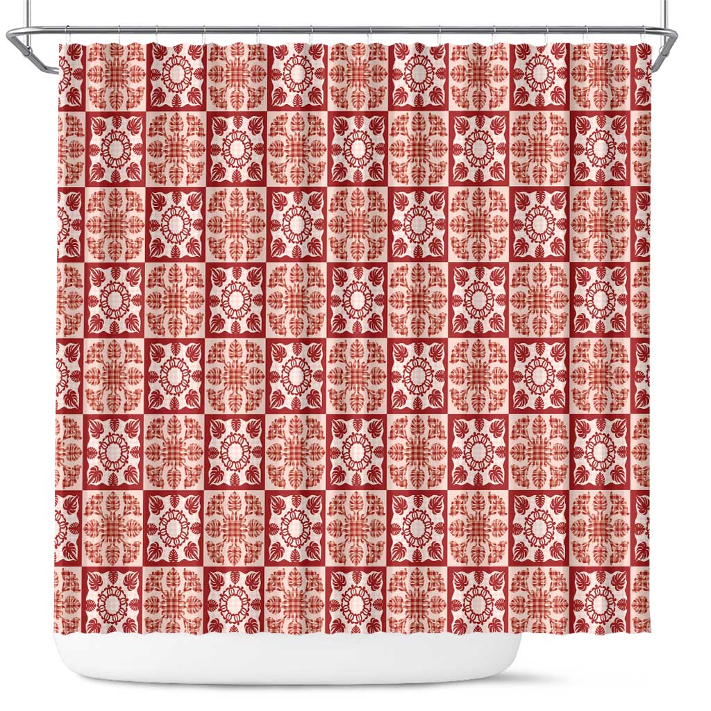 Ulaula Palaka Quilt Hawaii Shower Curtain Hawaiian Tropical Monstera Sea Turtle