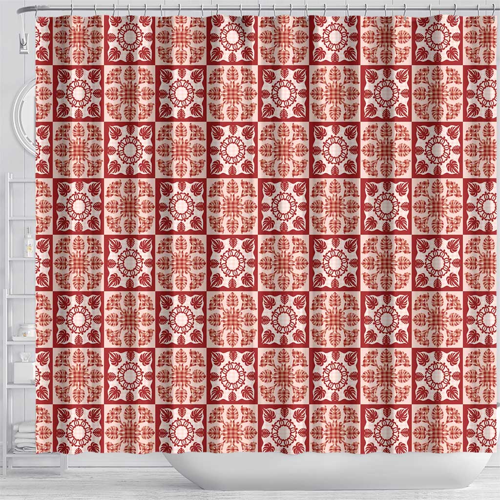 Ulaula Palaka Quilt Hawaii Shower Curtain Hawaiian Tropical Monstera Sea Turtle
