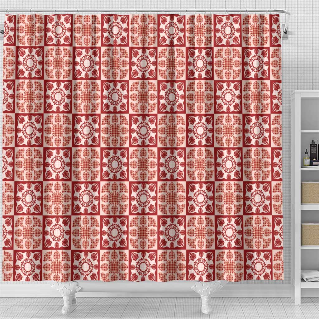 Ulaula Palaka Quilt Hawaii Shower Curtain Hawaiian Tropical Monstera Sea Turtle