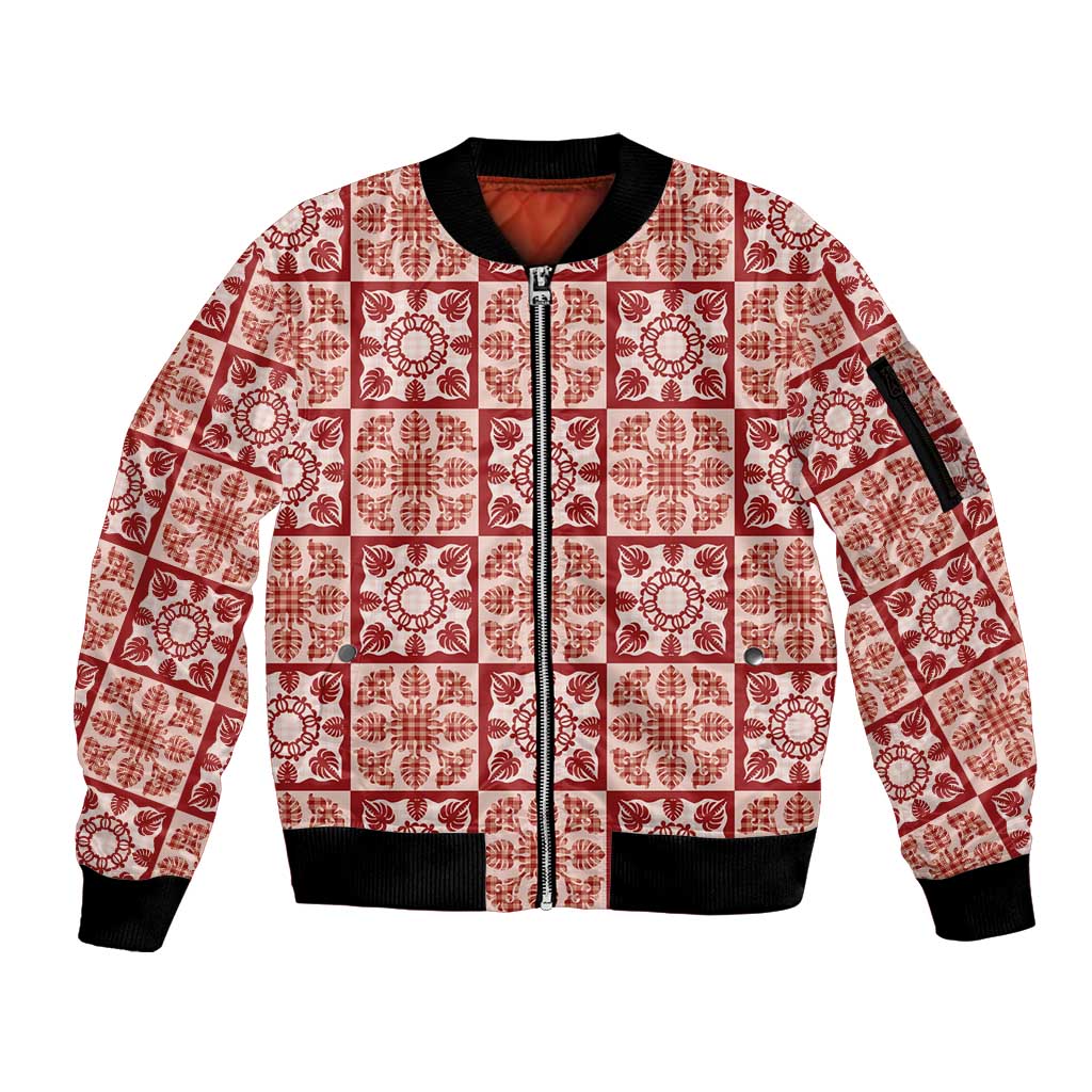 Ulaula Palaka Quilt Hawaii Sleeve Zip Bomber Jacket Hawaiian Tropical Monstera Sea Turtle