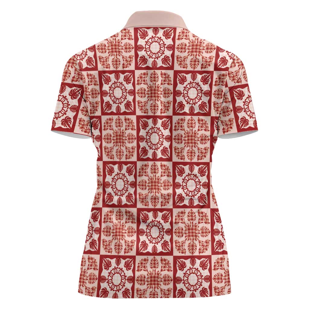 Ulaula Palaka Quilt Hawaii Women Polo Shirt Hawaiian Tropical Monstera Sea Turtle