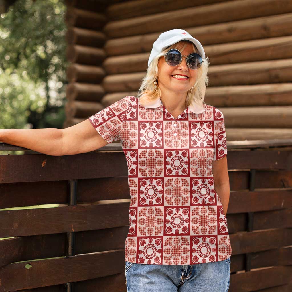 Ulaula Palaka Quilt Hawaii Women Polo Shirt Hawaiian Tropical Monstera Sea Turtle