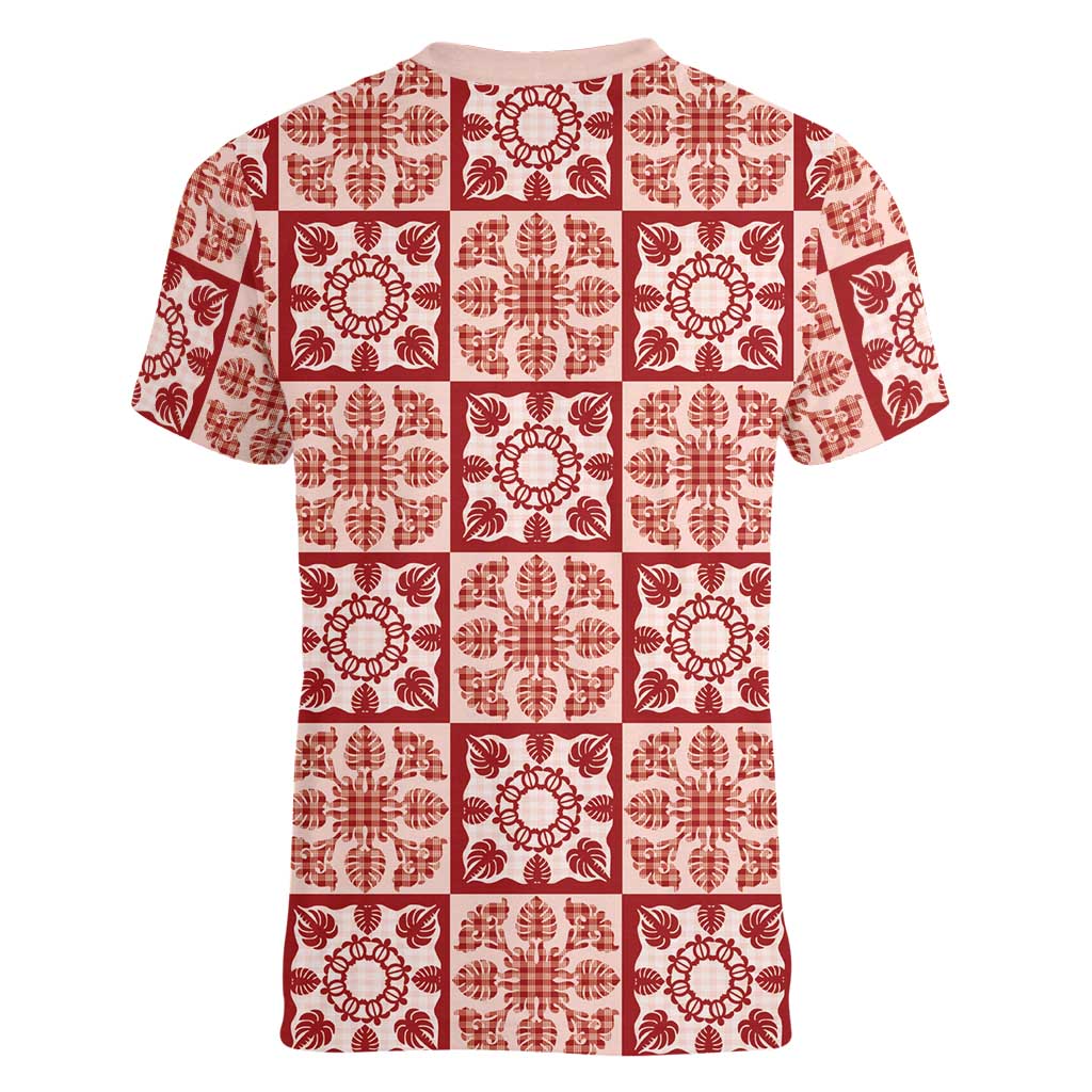 Ulaula Palaka Quilt Hawaii Women V-Neck T-Shirt Hawaiian Tropical Monstera Sea Turtle