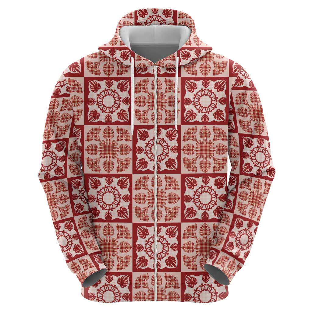 Ulaula Palaka Quilt Hawaii Zip Hoodie Hawaiian Tropical Monstera Sea Turtle