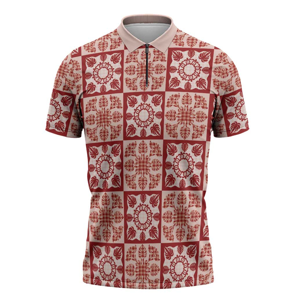Ulaula Palaka Quilt Hawaii Zipper Polo Shirt Hawaiian Tropical Monstera Sea Turtle