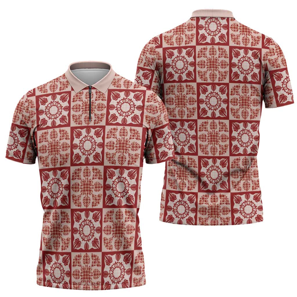 Ulaula Palaka Quilt Hawaii Zipper Polo Shirt Hawaiian Tropical Monstera Sea Turtle