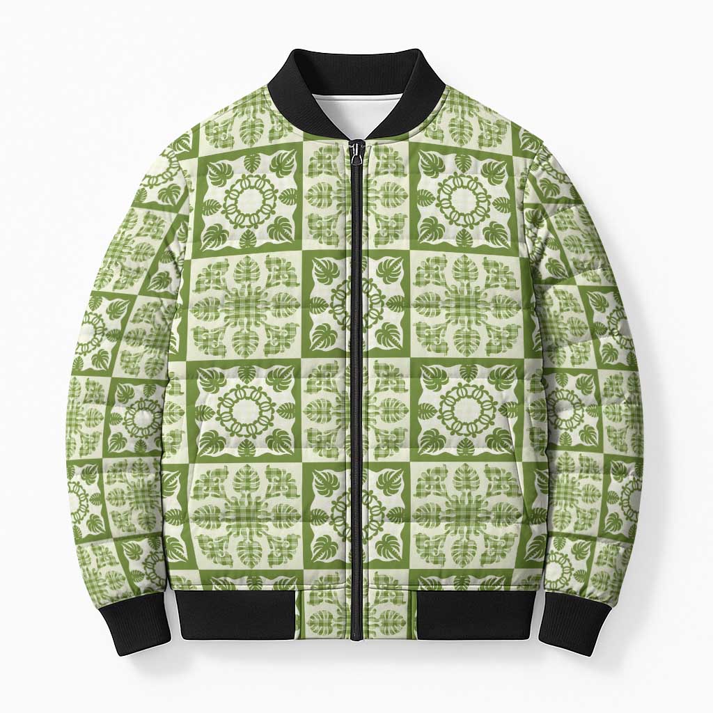 Omaomao Palaka Quilt Hawaii Bomber Puffer Jacket Hawaiian Tropical Monstera Sea Turtle