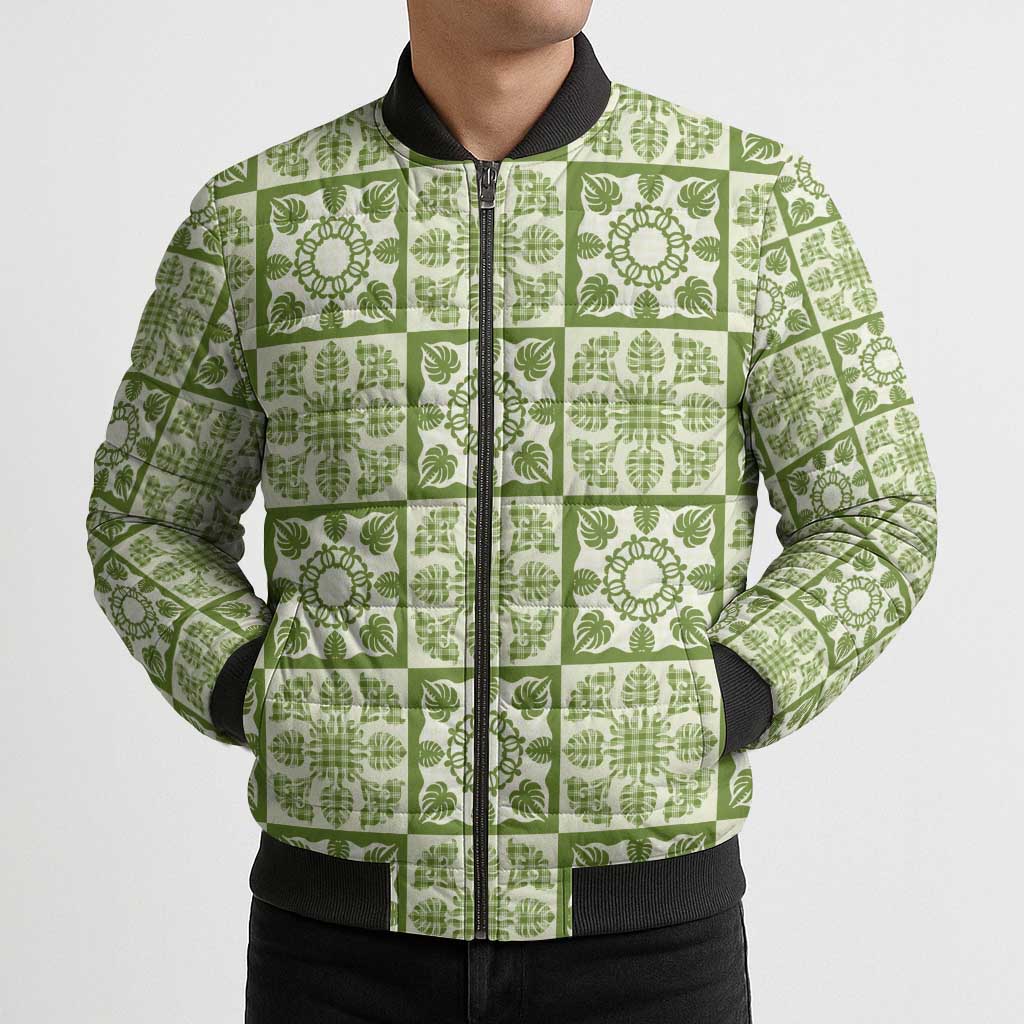 Omaomao Palaka Quilt Hawaii Bomber Puffer Jacket Hawaiian Tropical Monstera Sea Turtle