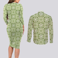 Omaomao Palaka Quilt Hawaii Couples Matching Long Sleeve Bodycon Dress and Long Sleeve Button Shirt Hawaiian Tropical Monstera Sea Turtle LT14 - Polynesian Pride