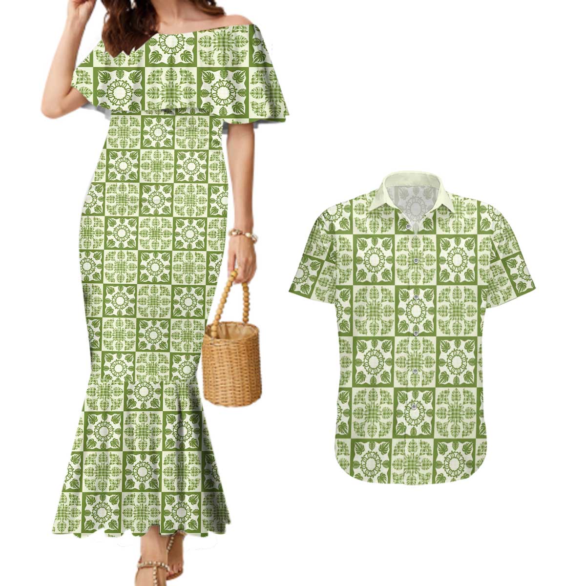 Omaomao Palaka Quilt Hawaii Couples Matching Mermaid Dress and Hawaiian Shirt Hawaiian Tropical Monstera Sea Turtle LT14 Green - Polynesian Pride