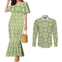 Omaomao Palaka Quilt Hawaii Couples Matching Mermaid Dress and Long Sleeve Button Shirt Hawaiian Tropical Monstera Sea Turtle LT14 Green - Polynesian Pride
