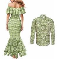 Omaomao Palaka Quilt Hawaii Couples Matching Mermaid Dress and Long Sleeve Button Shirt Hawaiian Tropical Monstera Sea Turtle LT14 - Polynesian Pride