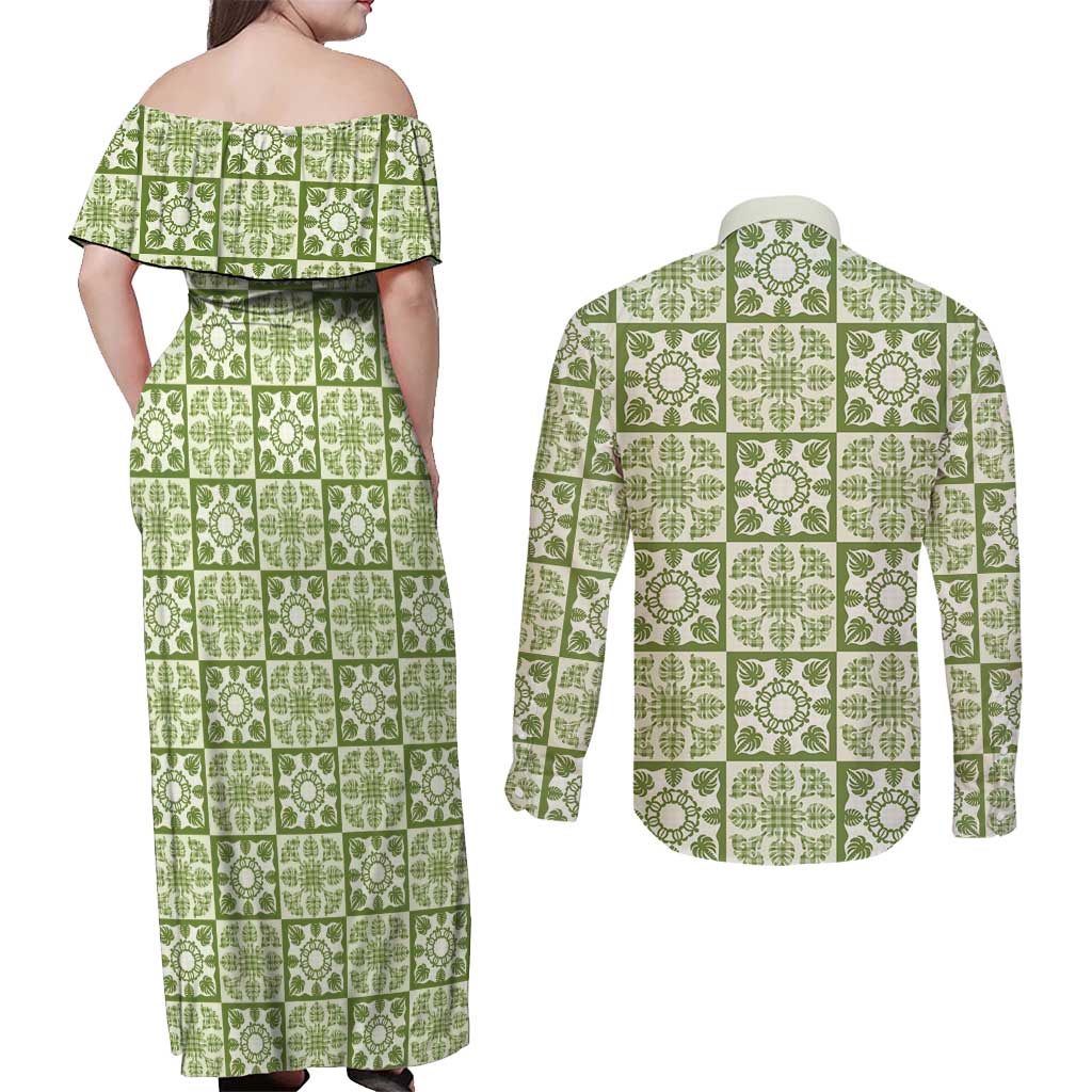 Omaomao Palaka Quilt Hawaii Couples Matching Off Shoulder Maxi Dress and Long Sleeve Button Shirt Hawaiian Tropical Monstera Sea Turtle
