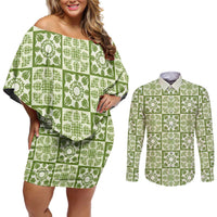 Omaomao Palaka Quilt Hawaii Couples Matching Off Shoulder Short Dress and Long Sleeve Button Shirt Hawaiian Tropical Monstera Sea Turtle LT14 Green - Polynesian Pride