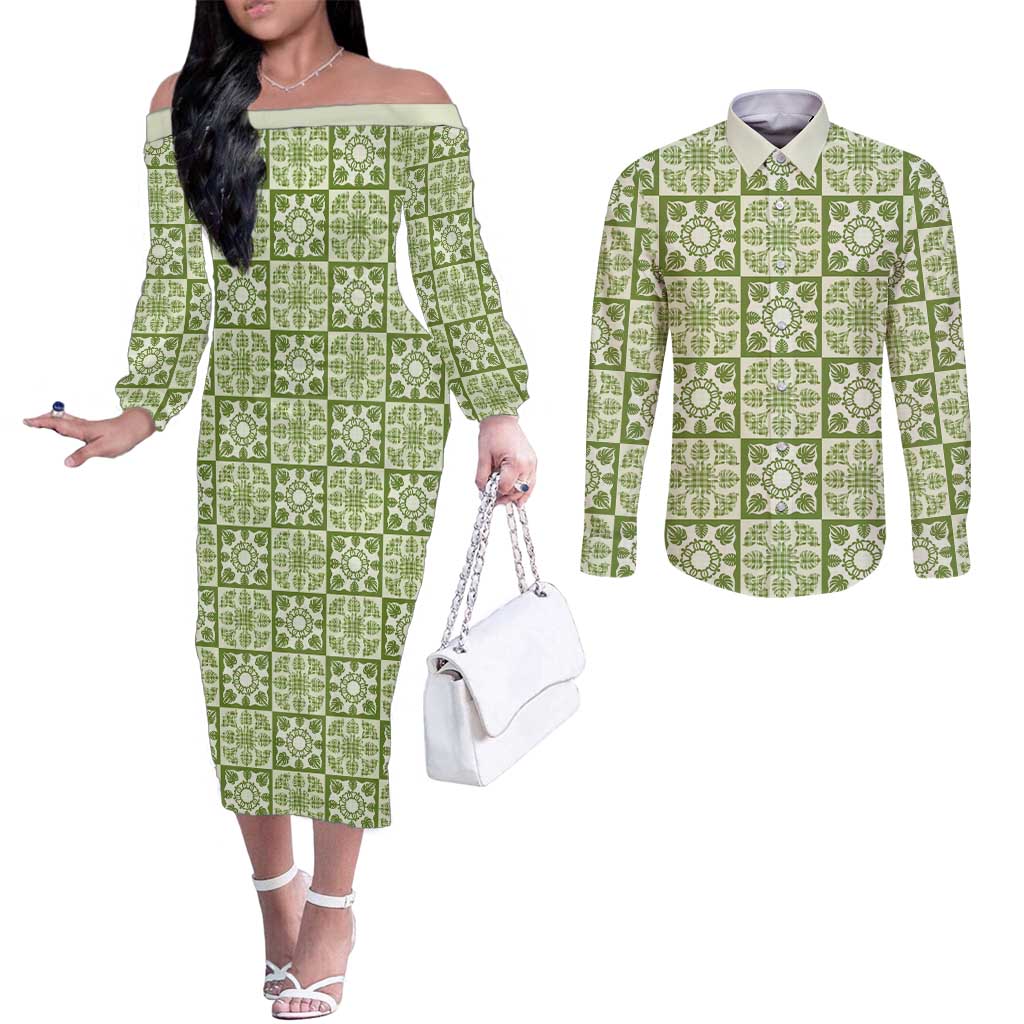 Omaomao Palaka Quilt Hawaii Couples Matching Off The Shoulder Long Sleeve Dress and Long Sleeve Button Shirt Hawaiian Tropical Monstera Sea Turtle LT14 Green - Polynesian Pride