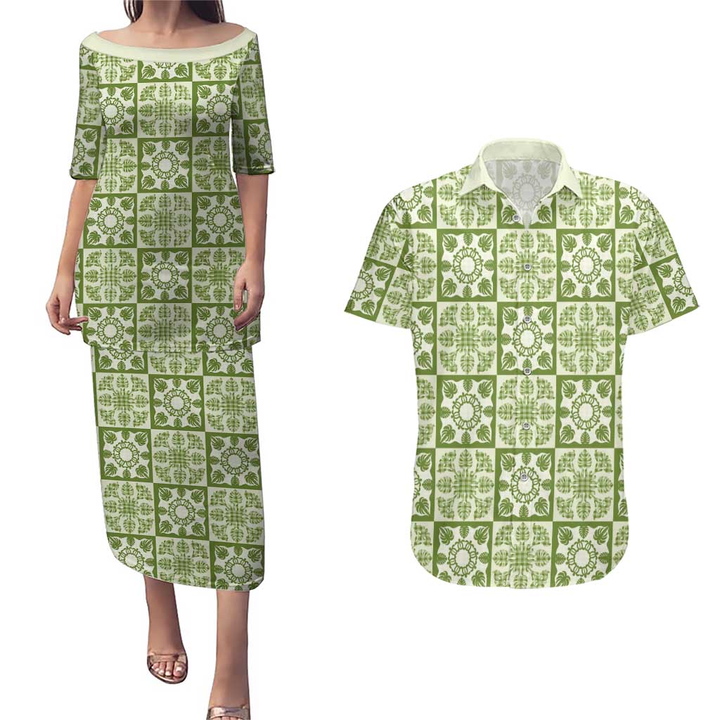 Omaomao Palaka Quilt Hawaii Couples Matching Puletasi and Hawaiian Shirt Hawaiian Tropical Monstera Sea Turtle LT14 Green - Polynesian Pride