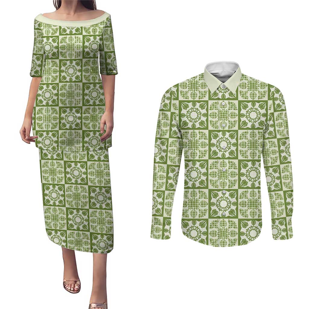Omaomao Palaka Quilt Hawaii Couples Matching Puletasi and Long Sleeve Button Shirt Hawaiian Tropical Monstera Sea Turtle