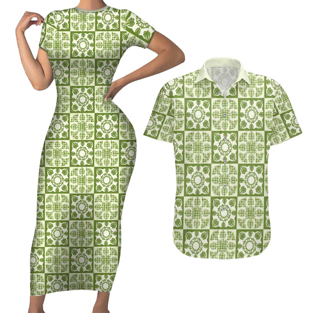 Omaomao Palaka Quilt Hawaii Couples Matching Short Sleeve Bodycon Dress and Hawaiian Shirt Hawaiian Tropical Monstera Sea Turtle