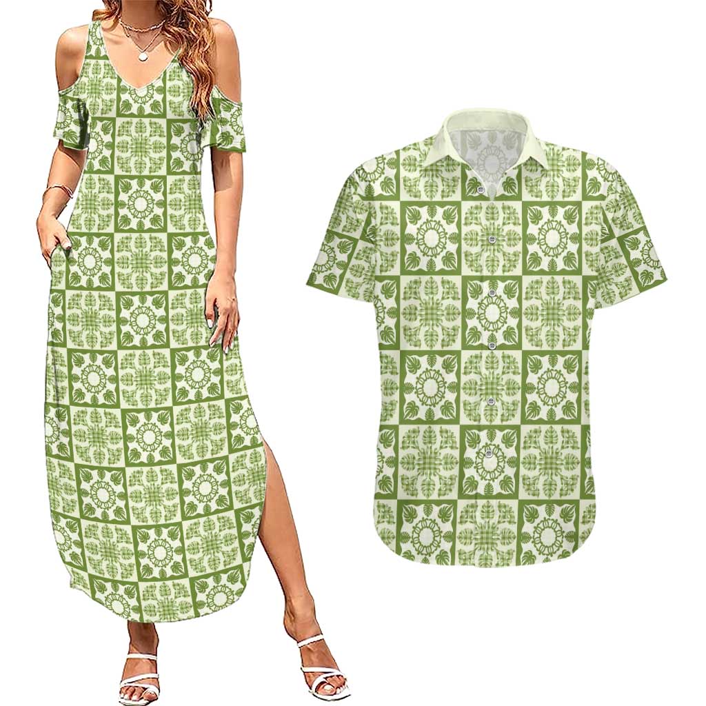 Omaomao Palaka Quilt Hawaii Couples Matching Summer Maxi Dress and Hawaiian Shirt Hawaiian Tropical Monstera Sea Turtle LT14 Green - Polynesian Pride
