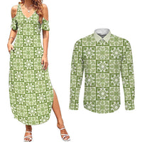 Omaomao Palaka Quilt Hawaii Couples Matching Summer Maxi Dress and Long Sleeve Button Shirt Hawaiian Tropical Monstera Sea Turtle LT14 Green - Polynesian Pride