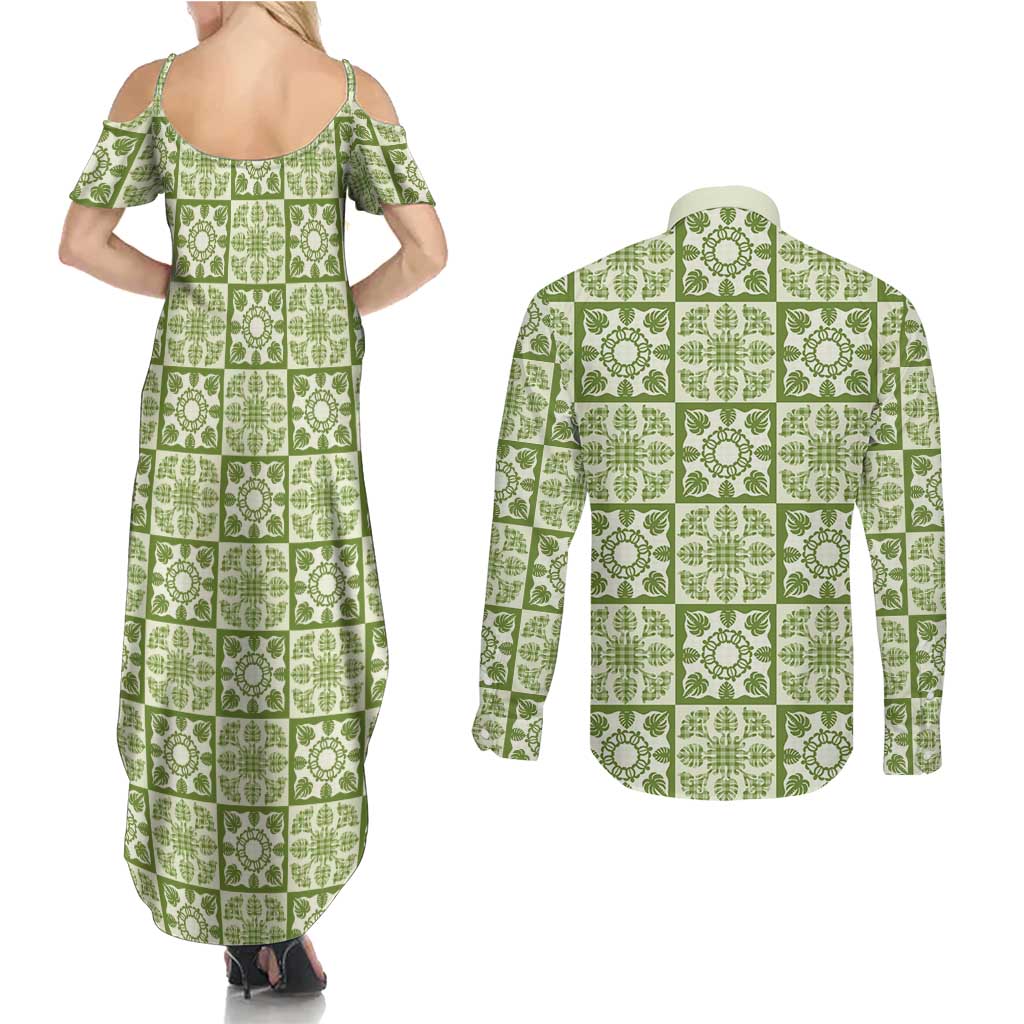 Omaomao Palaka Quilt Hawaii Couples Matching Summer Maxi Dress and Long Sleeve Button Shirt Hawaiian Tropical Monstera Sea Turtle LT14 - Polynesian Pride