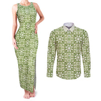 Omaomao Palaka Quilt Hawaii Couples Matching Tank Maxi Dress and Long Sleeve Button Shirt Hawaiian Tropical Monstera Sea Turtle LT14 Green - Polynesian Pride