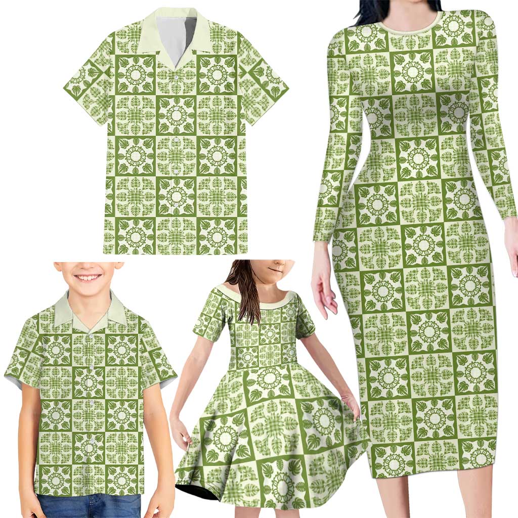 Omaomao Palaka Quilt Hawaii Family Matching Long Sleeve Bodycon Dress and Hawaiian Shirt Hawaiian Tropical Monstera Sea Turtle
