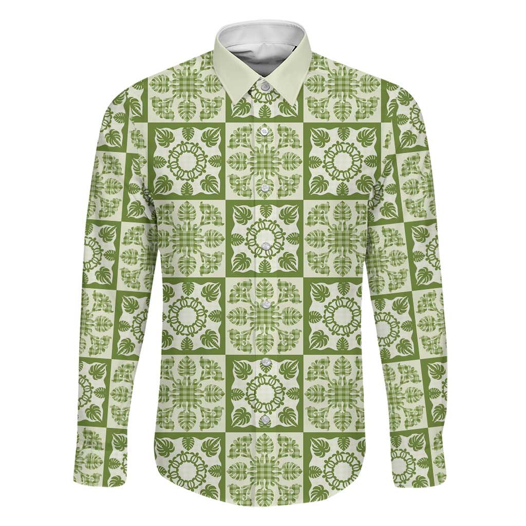 Omaomao Palaka Quilt Hawaii Family Matching Mermaid Dress and Hawaiian Shirt Hawaiian Tropical Monstera Sea Turtle LT14 Dad's Shirt - Long Sleeve Green - Polynesian Pride