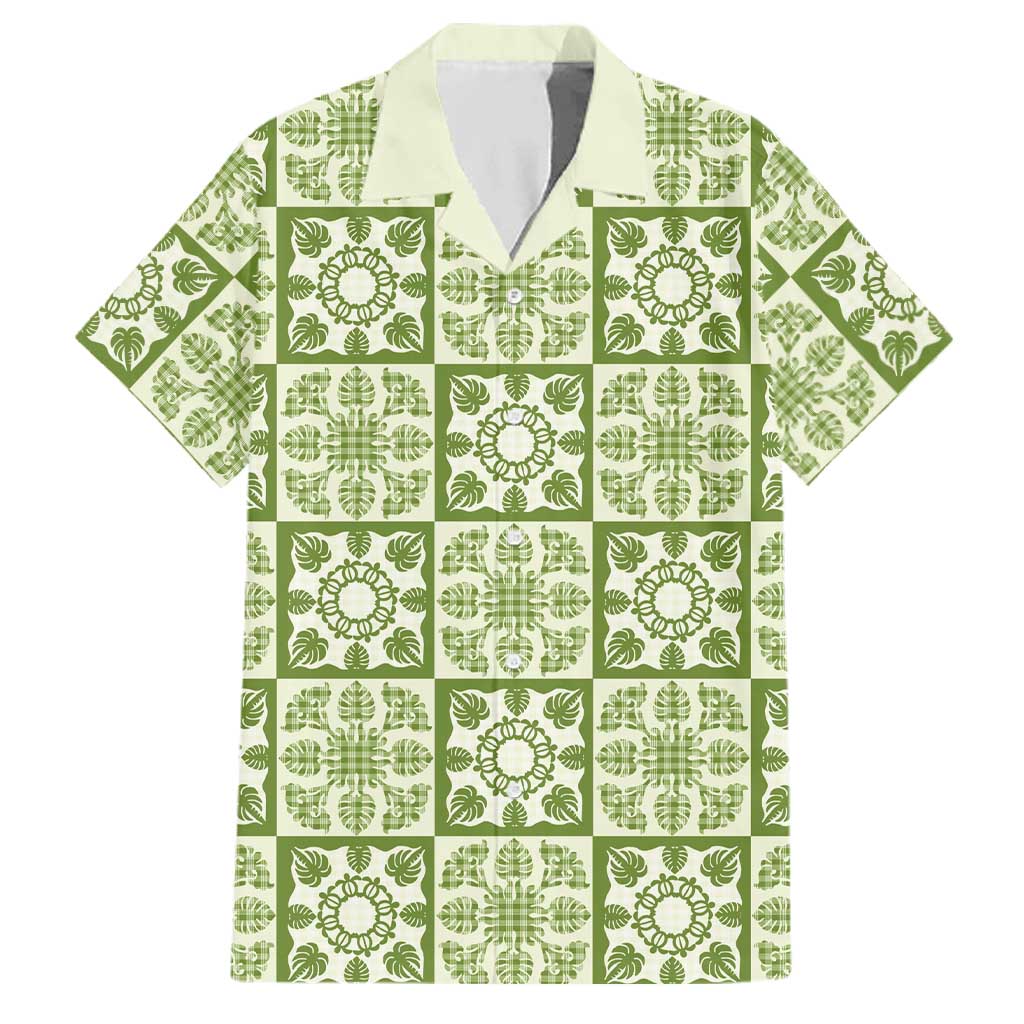 Omaomao Palaka Quilt Hawaii Family Matching Off The Shoulder Long Sleeve Dress and Hawaiian Shirt Hawaiian Tropical Monstera Sea Turtle LT14 Dad's Shirt - Short Sleeve Green - Polynesian Pride