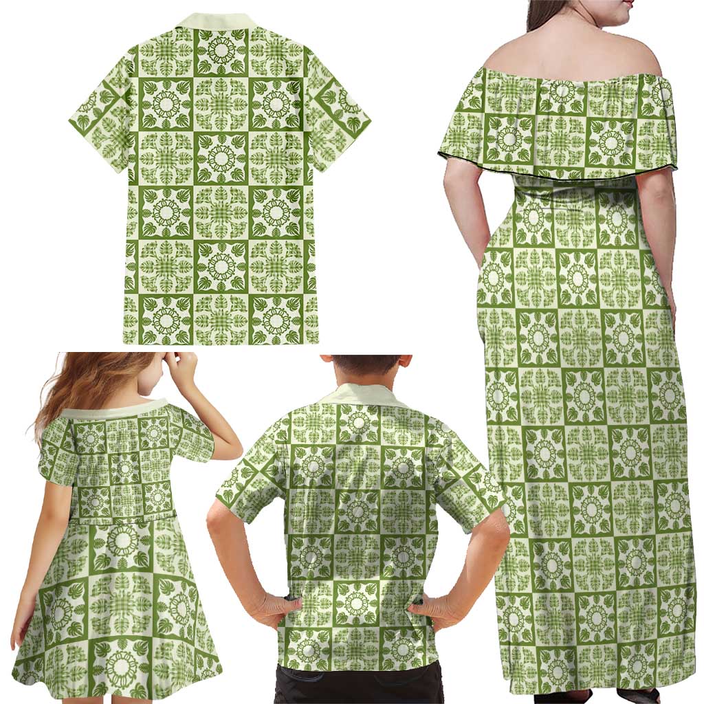 Omaomao Palaka Quilt Hawaii Family Matching Off Shoulder Maxi Dress and Hawaiian Shirt Hawaiian Tropical Monstera Sea Turtle LT14 - Polynesian Pride