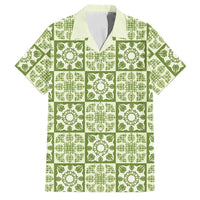 Omaomao Palaka Quilt Hawaii Family Matching Off Shoulder Short Dress and Hawaiian Shirt Hawaiian Tropical Monstera Sea Turtle LT14 Dad's Shirt - Short Sleeve Green - Polynesian Pride