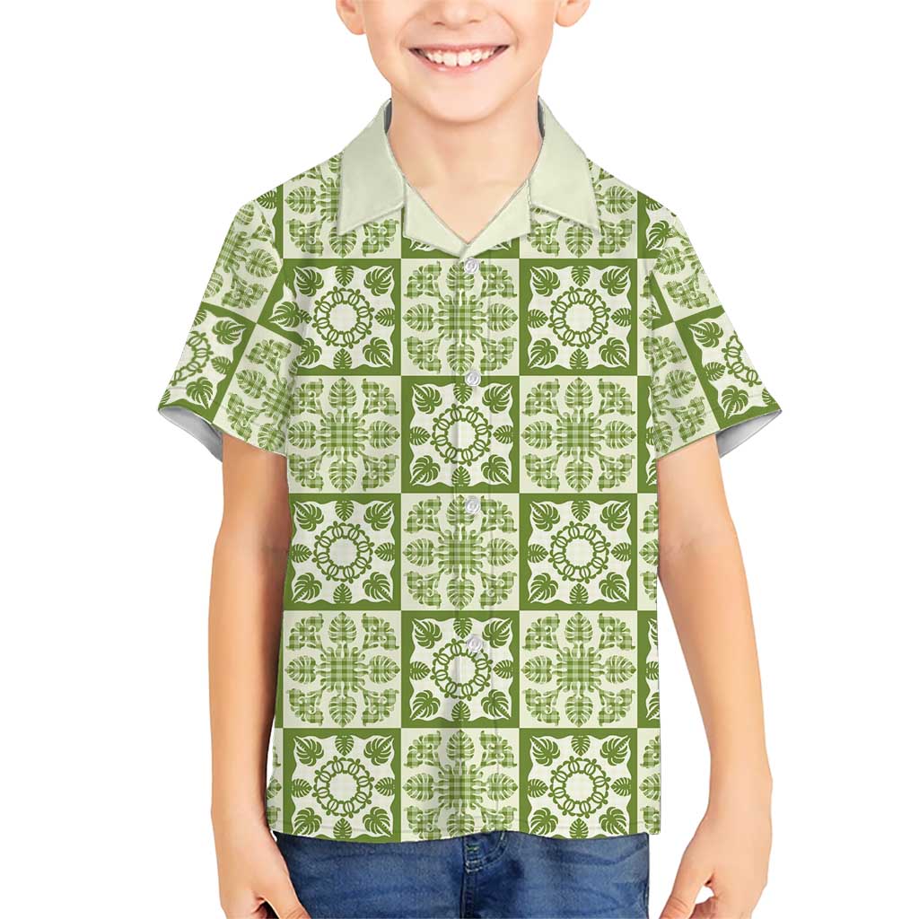 Omaomao Palaka Quilt Hawaii Family Matching Off Shoulder Short Dress and Hawaiian Shirt Hawaiian Tropical Monstera Sea Turtle LT14 Son's Shirt Green - Polynesian Pride
