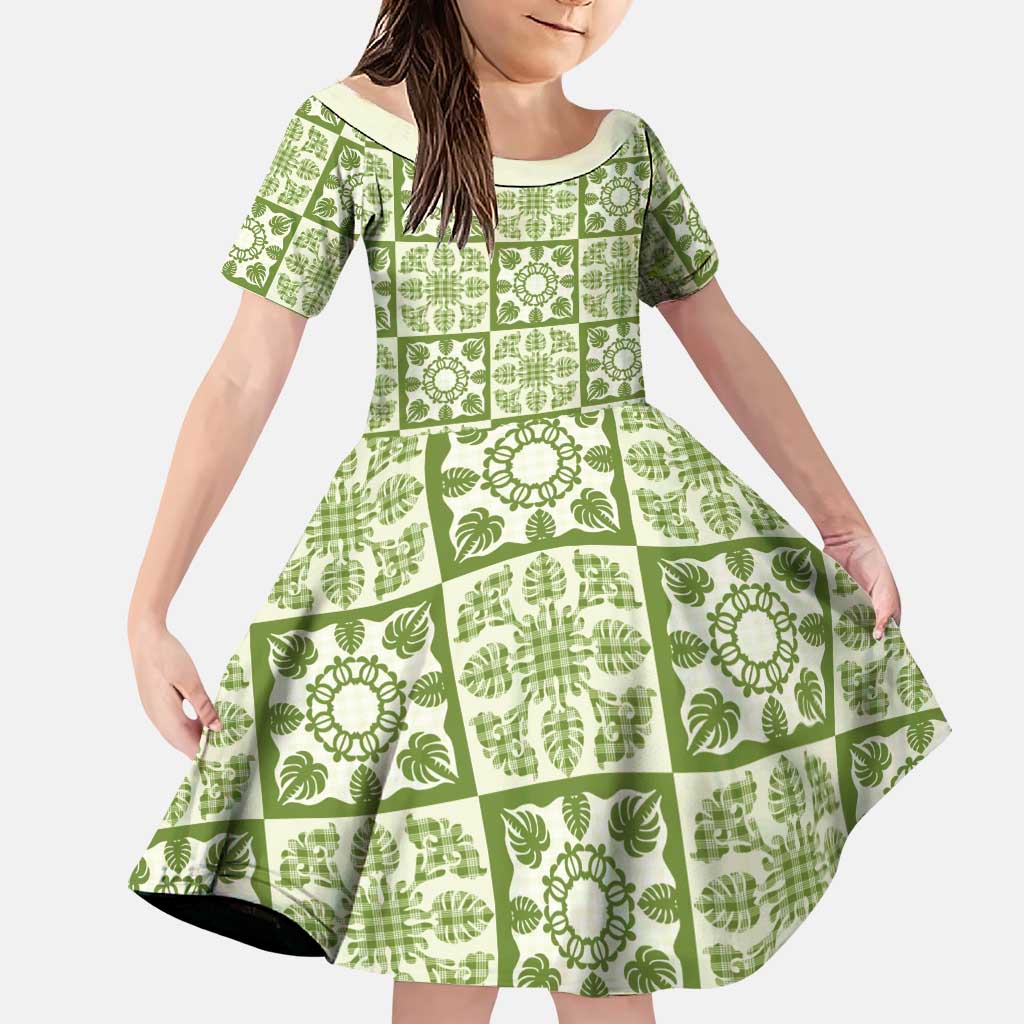 Omaomao Palaka Quilt Hawaii Family Matching Puletasi and Hawaiian Shirt Hawaiian Tropical Monstera Sea Turtle LT14 Daughter's Dress Green - Polynesian Pride