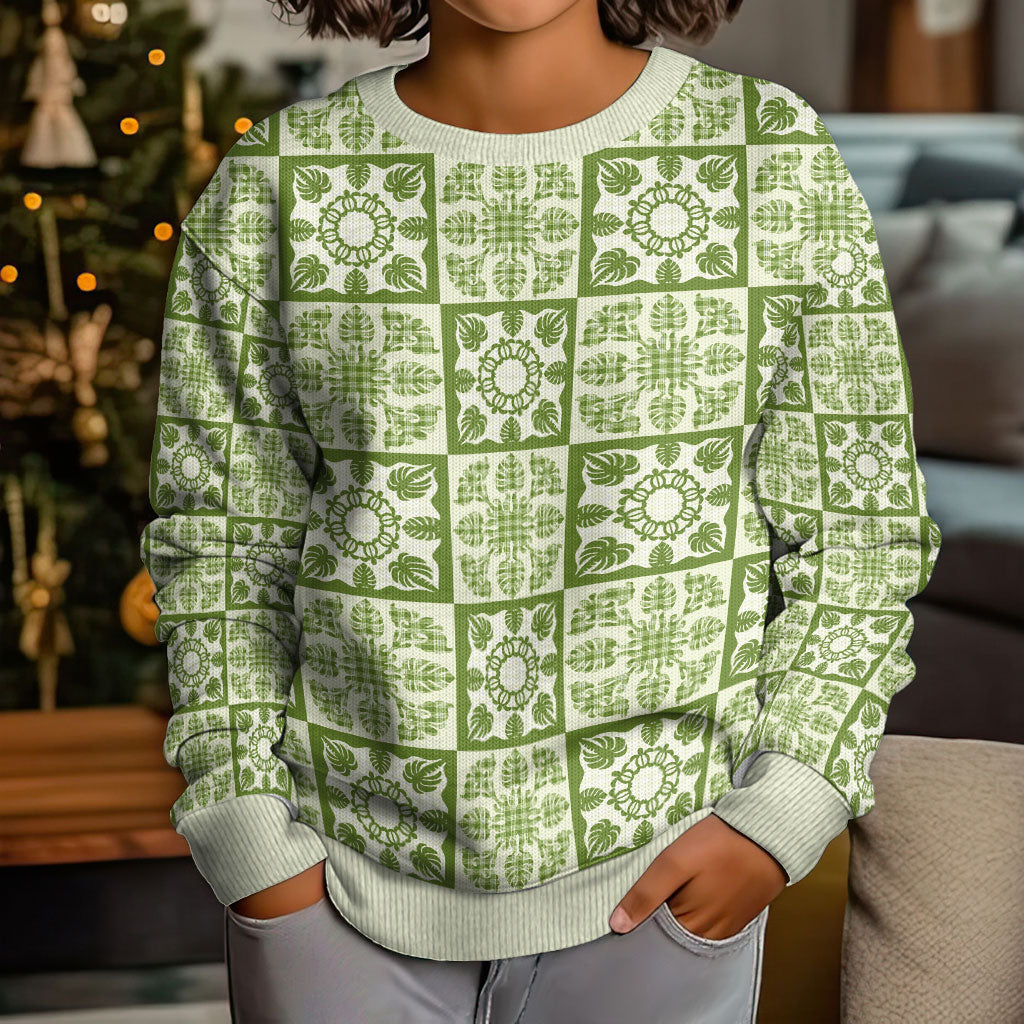 Omaomao Palaka Quilt Hawaii Kid Ugly Christmas Sweater Hawaiian Tropical Monstera Sea Turtle LT14 - Polynesian Pride