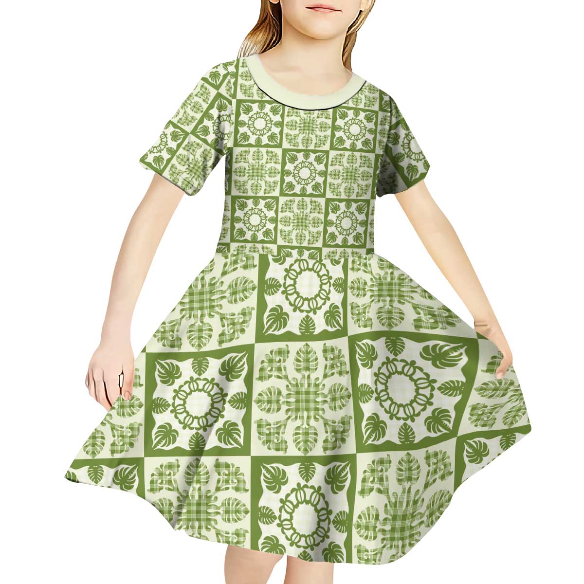 Omaomao Palaka Quilt Hawaii Kid Short Sleeve Dress Hawaiian Tropical Monstera Sea Turtle