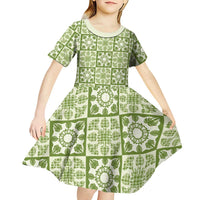 Omaomao Palaka Quilt Hawaii Kid Short Sleeve Dress Hawaiian Tropical Monstera Sea Turtle