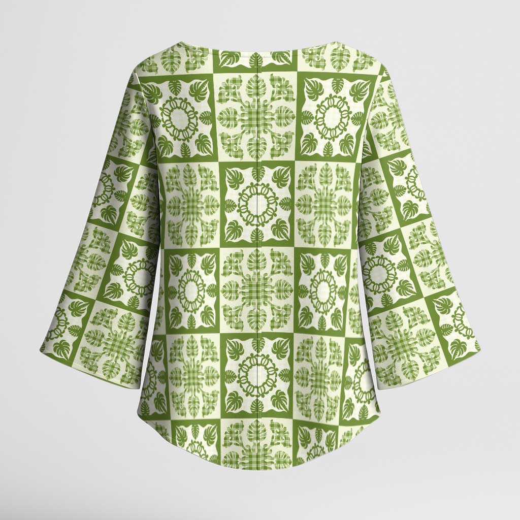Omaomao Palaka Quilt Hawaii Kimono Sleeve Blouse Hawaiian Tropical Monstera Sea Turtle