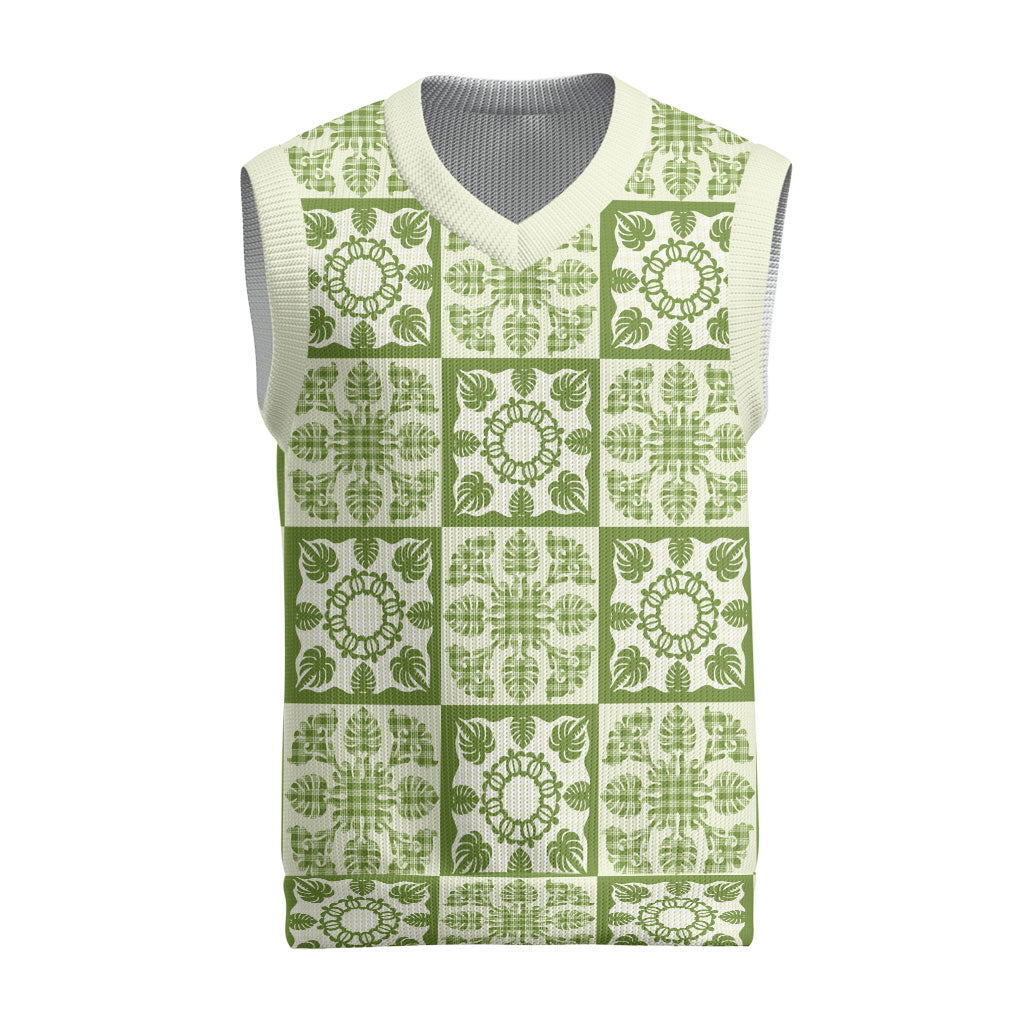 Omaomao Palaka Quilt Hawaii Christmas Knitted V-Neck Vest Hawaiian Tropical Monstera Sea Turtle LT14 Green - Polynesian Pride