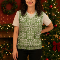 Omaomao Palaka Quilt Hawaii Christmas Knitted V-Neck Vest Hawaiian Tropical Monstera Sea Turtle LT14 - Polynesian Pride