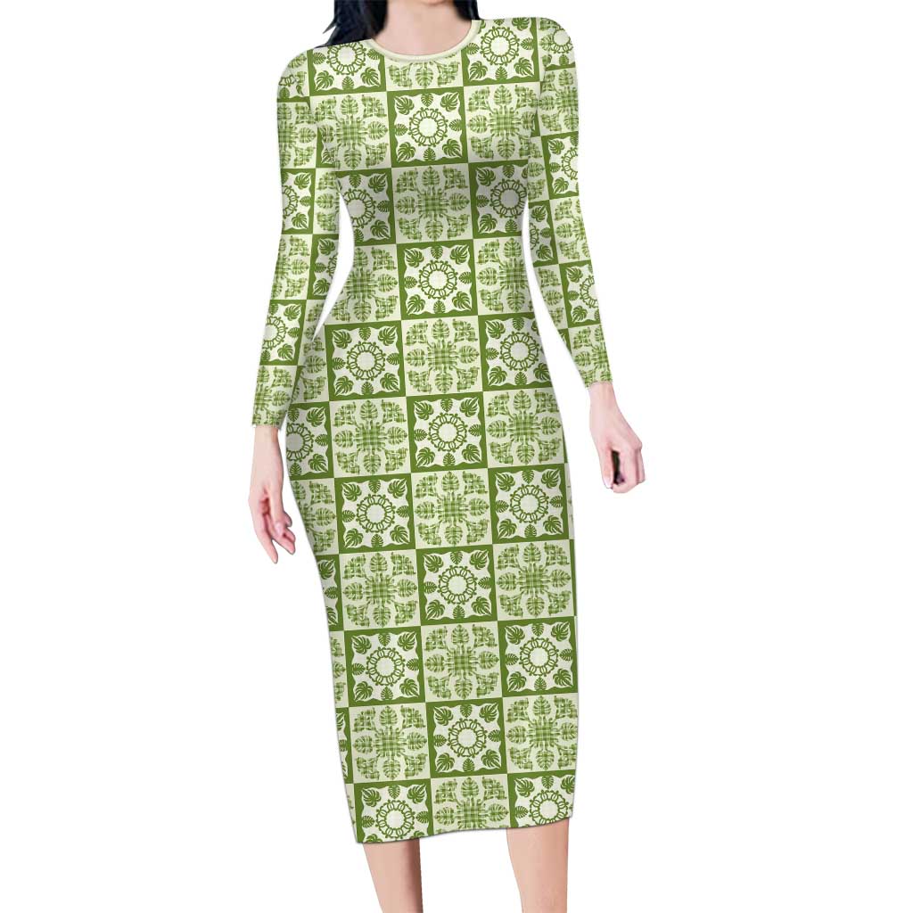 Omaomao Palaka Quilt Hawaii Long Sleeve Bodycon Dress Hawaiian Tropical Monstera Sea Turtle