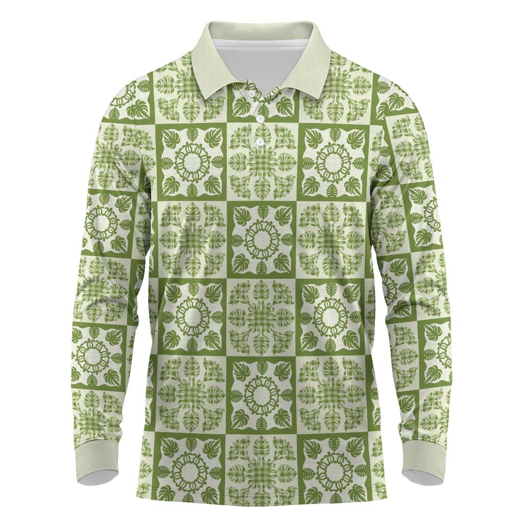 Omaomao Palaka Quilt Hawaii Long Sleeve Polo Shirt Hawaiian Tropical Monstera Sea Turtle