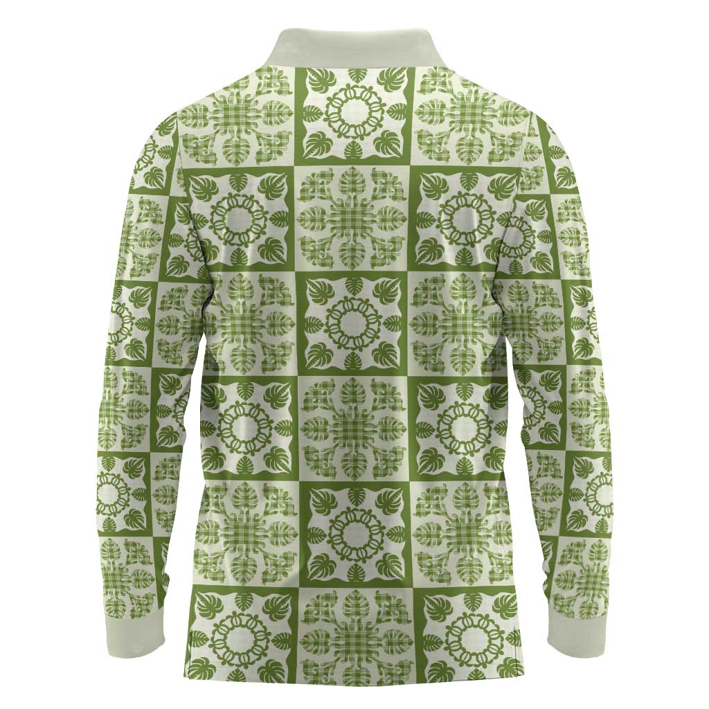 Omaomao Palaka Quilt Hawaii Long Sleeve Polo Shirt Hawaiian Tropical Monstera Sea Turtle