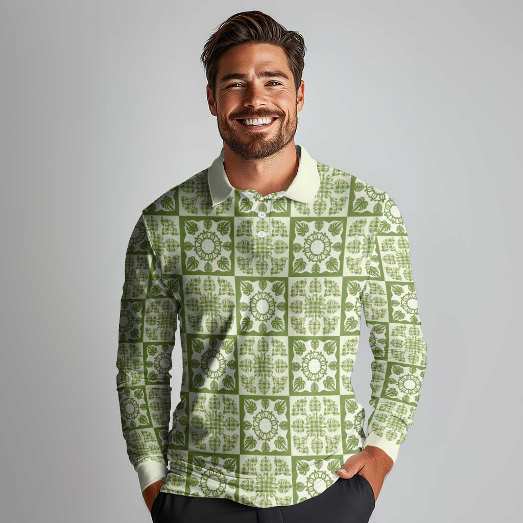 Omaomao Palaka Quilt Hawaii Long Sleeve Polo Shirt Hawaiian Tropical Monstera Sea Turtle