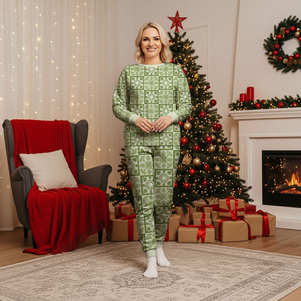 Omaomao Palaka Quilt Hawaii Christmas Pajama Set Hawaiian Tropical Monstera Sea Turtle LT14 Women Green - Polynesian Pride