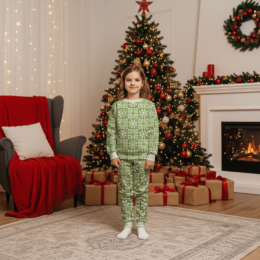 Omaomao Palaka Quilt Hawaii Christmas Pajama Set Hawaiian Tropical Monstera Sea Turtle LT14 Kid Green - Polynesian Pride