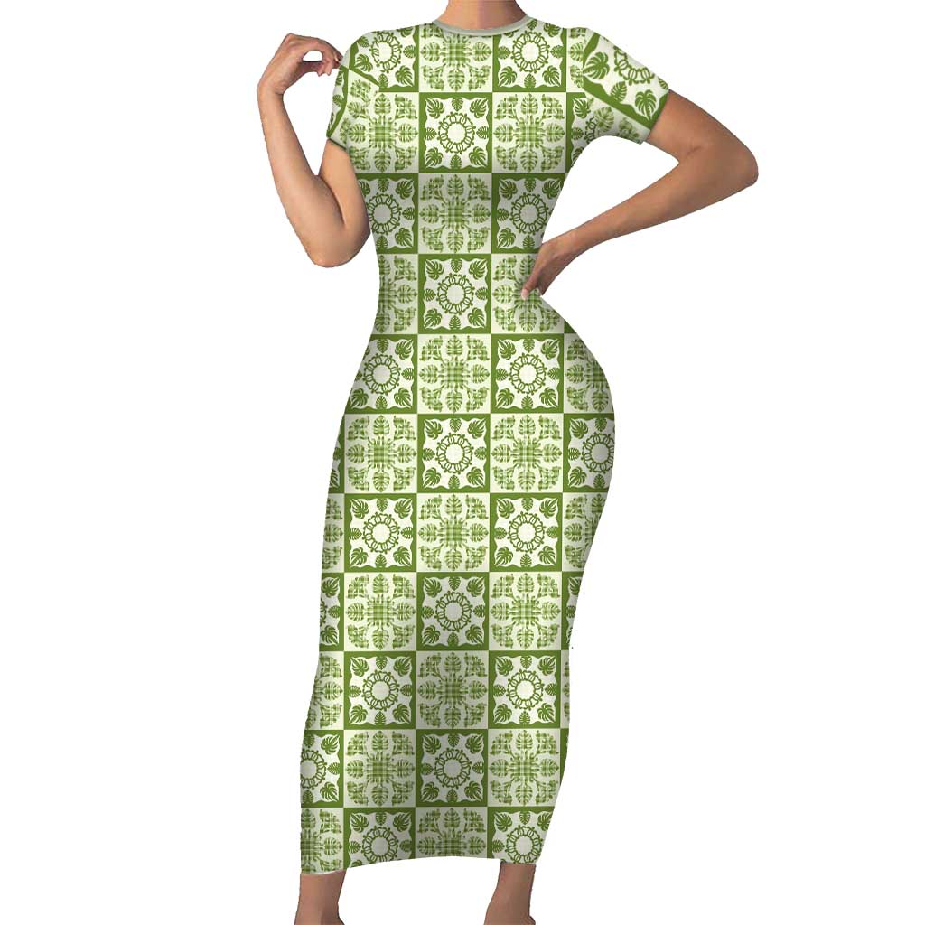 Omaomao Palaka Quilt Hawaii Short Sleeve Bodycon Dress Hawaiian Tropical Monstera Sea Turtle