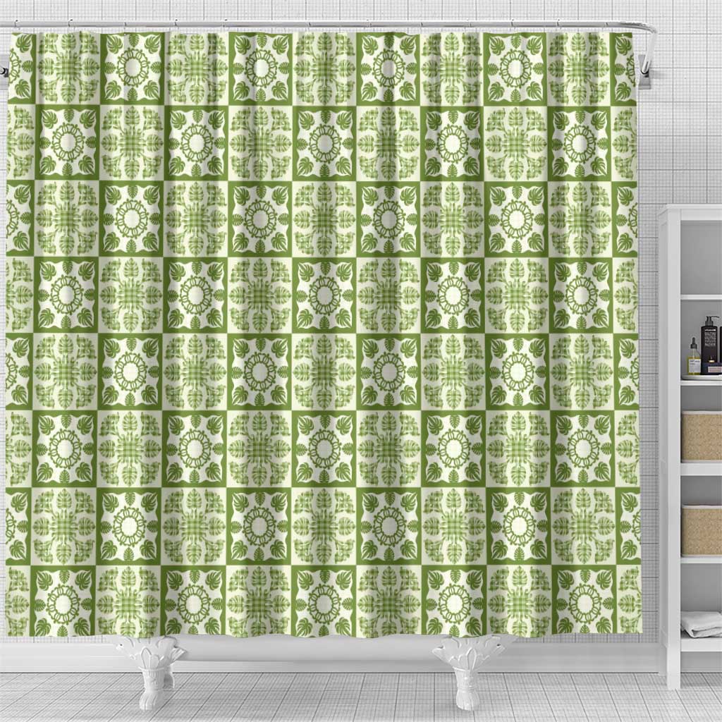 Omaomao Palaka Quilt Hawaii Shower Curtain Hawaiian Tropical Monstera Sea Turtle
